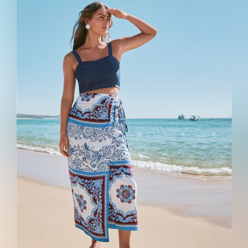 LOFT Blue and White Floral Patchwork Maxi Skirt